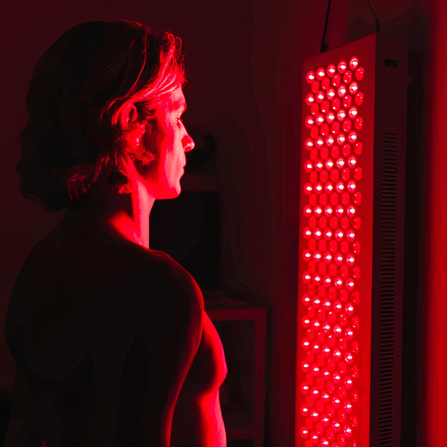 man standing up looking at a red light panel rejuvenating and recovering in a dark room in the uk