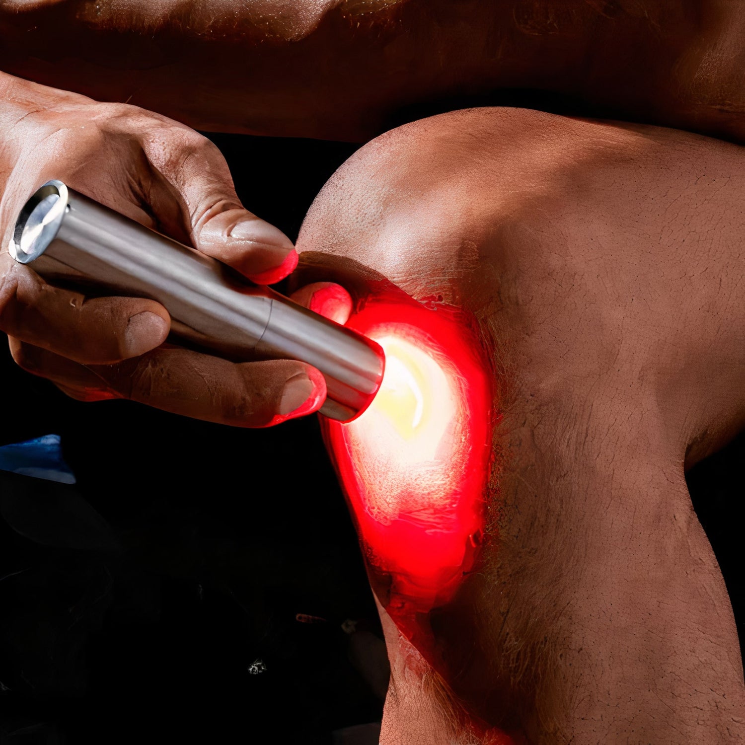 man sitting down whilst shining a bodybud red light therapy torch in the uk