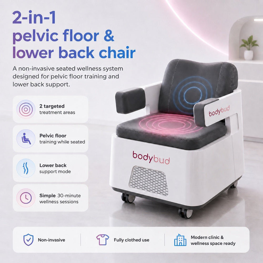 The 2-in-1 chair with its pelvic-floor and lower-back areas