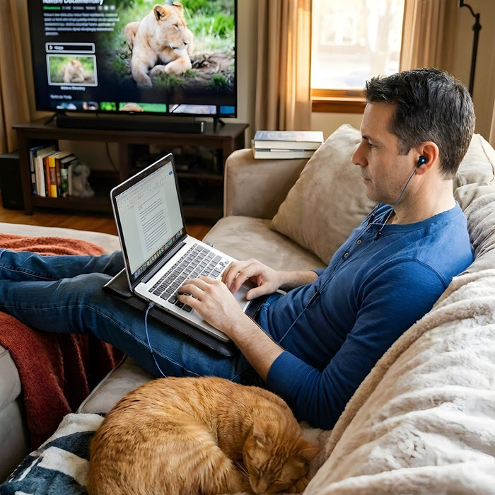 Using Air Tube earphones on the sofa with a laptop