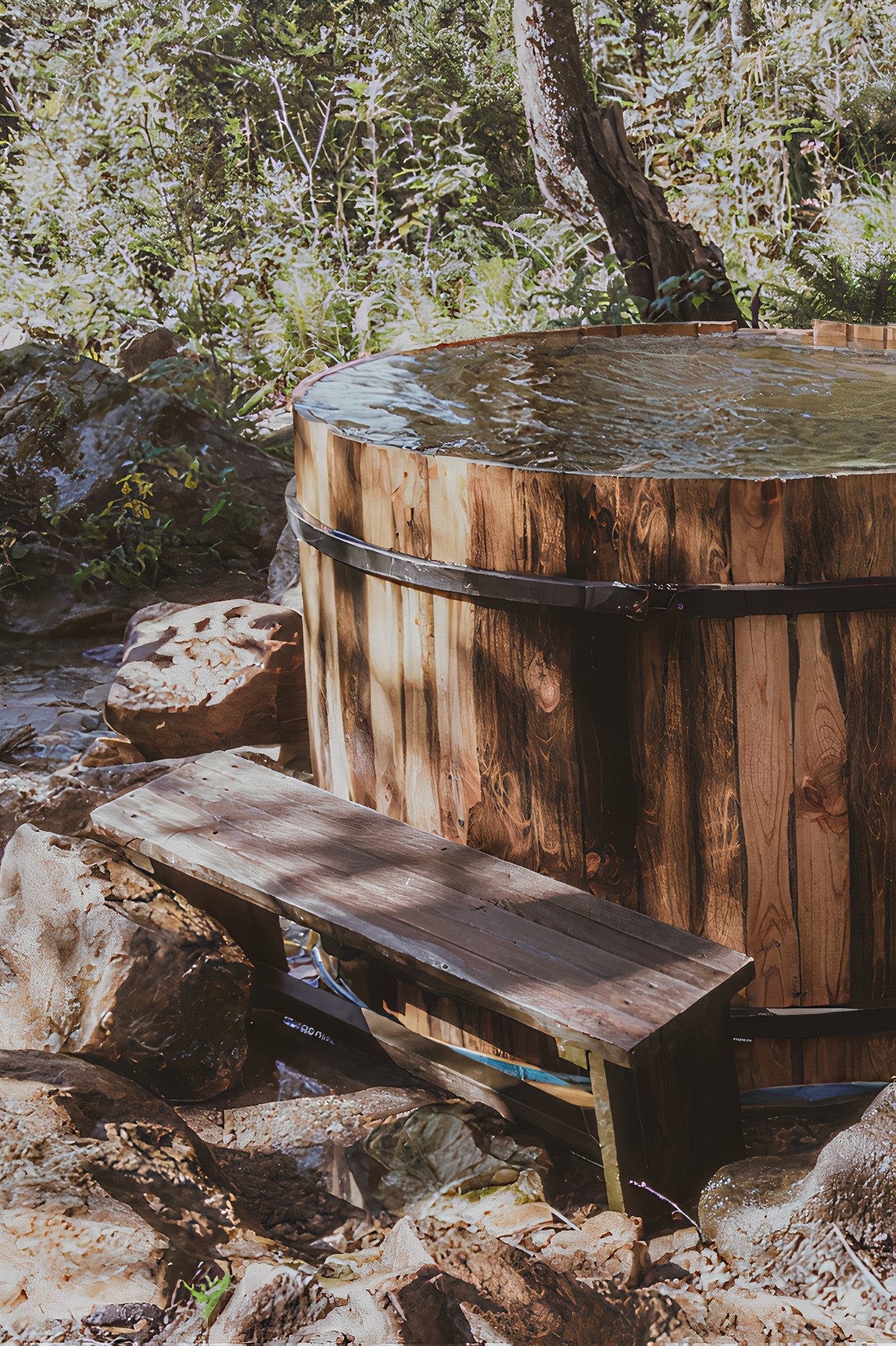 A cheap, at home cold plunge tub. It is in wooden form and has a nature backdrop.