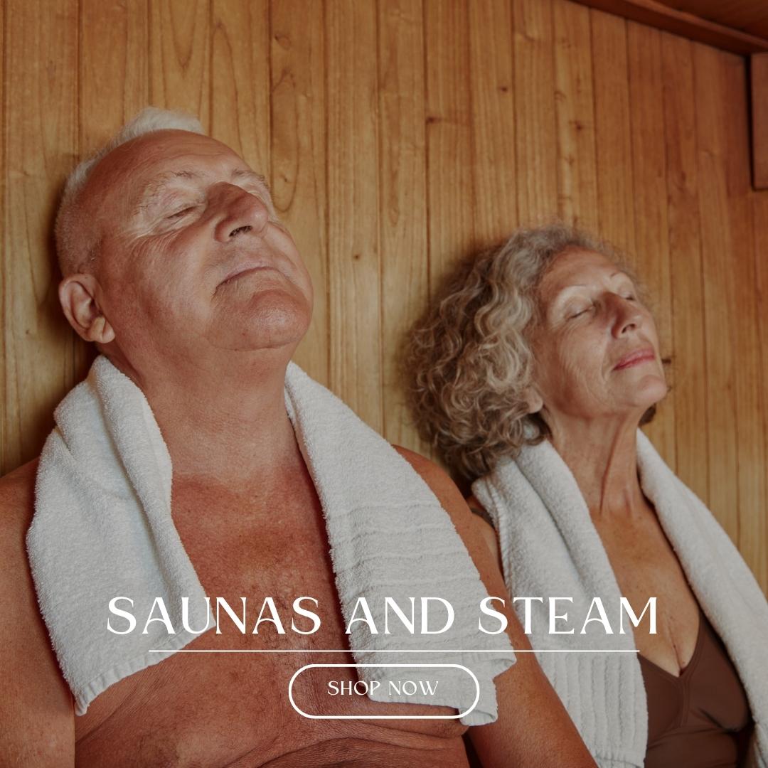 man and women couple sitting and enjoying their time inside a sauna with towels around their necks 