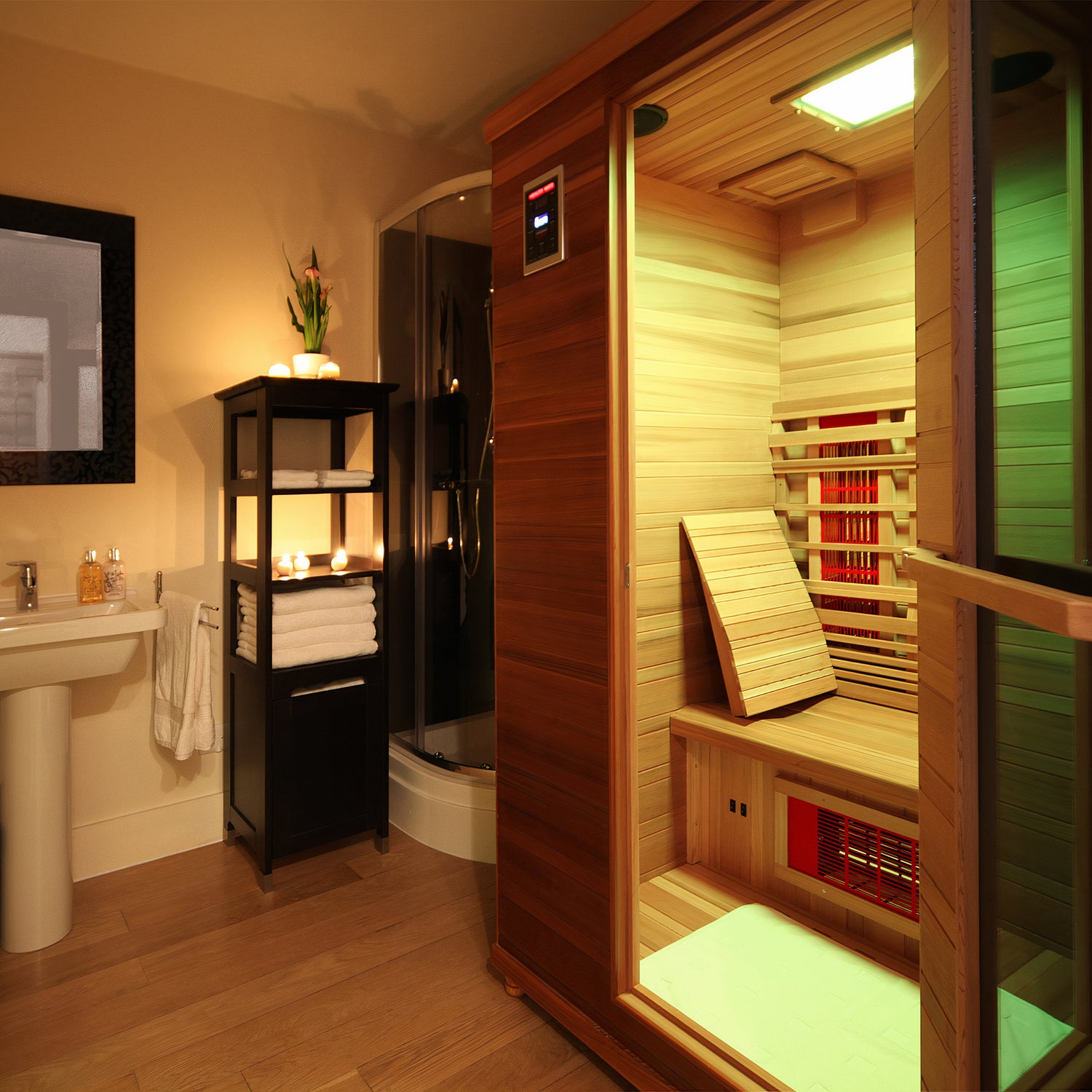 A sauna in a indoor house setting with chromotherapy settings on