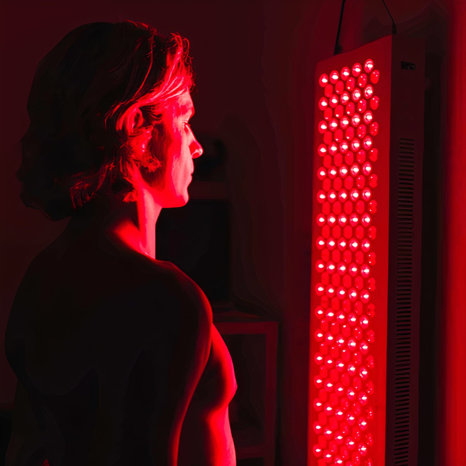 man standing up looking at a red light panel rejuvenating and recovering in a dark room in the uk