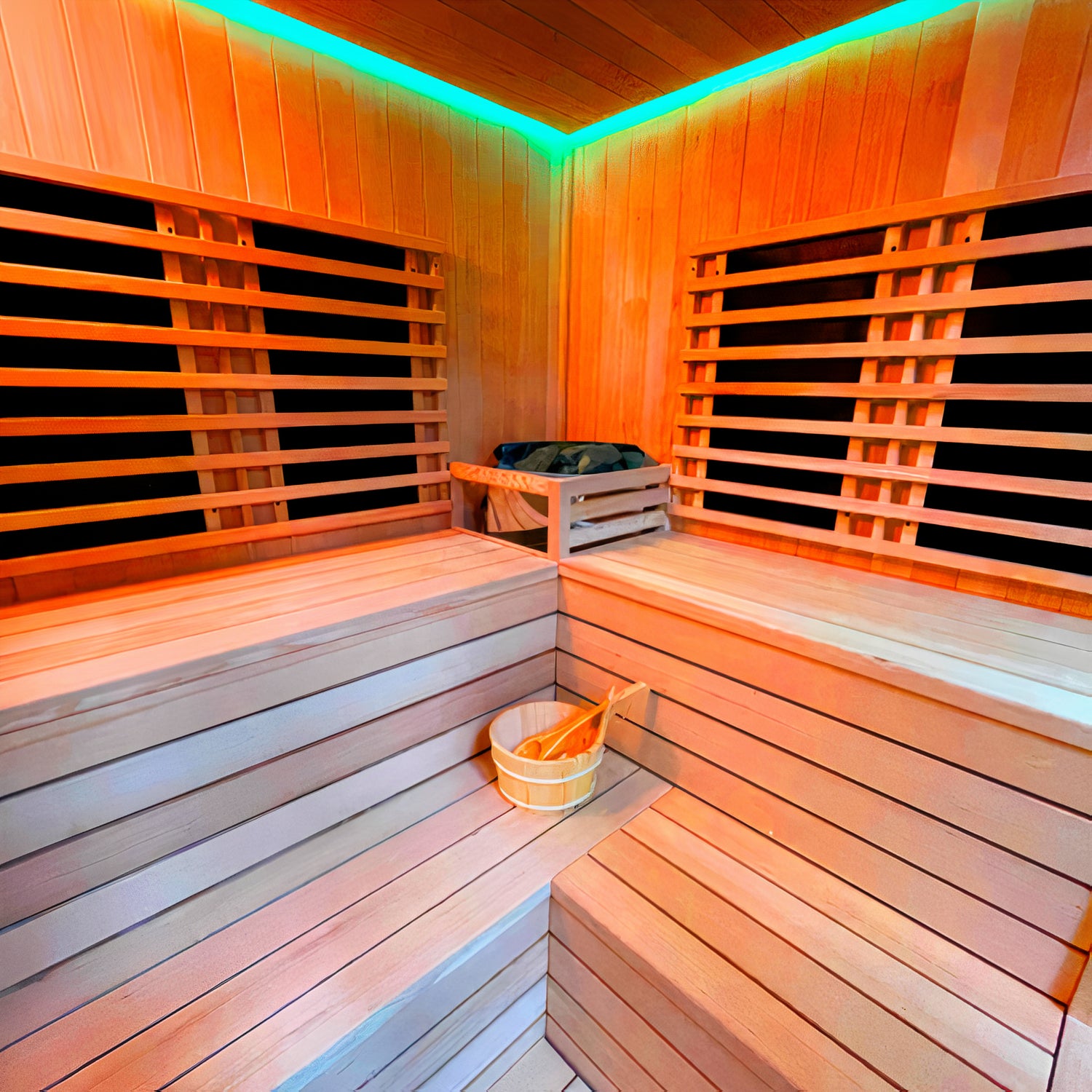 the inside of an Insignia hybrid sauna from a top corner view