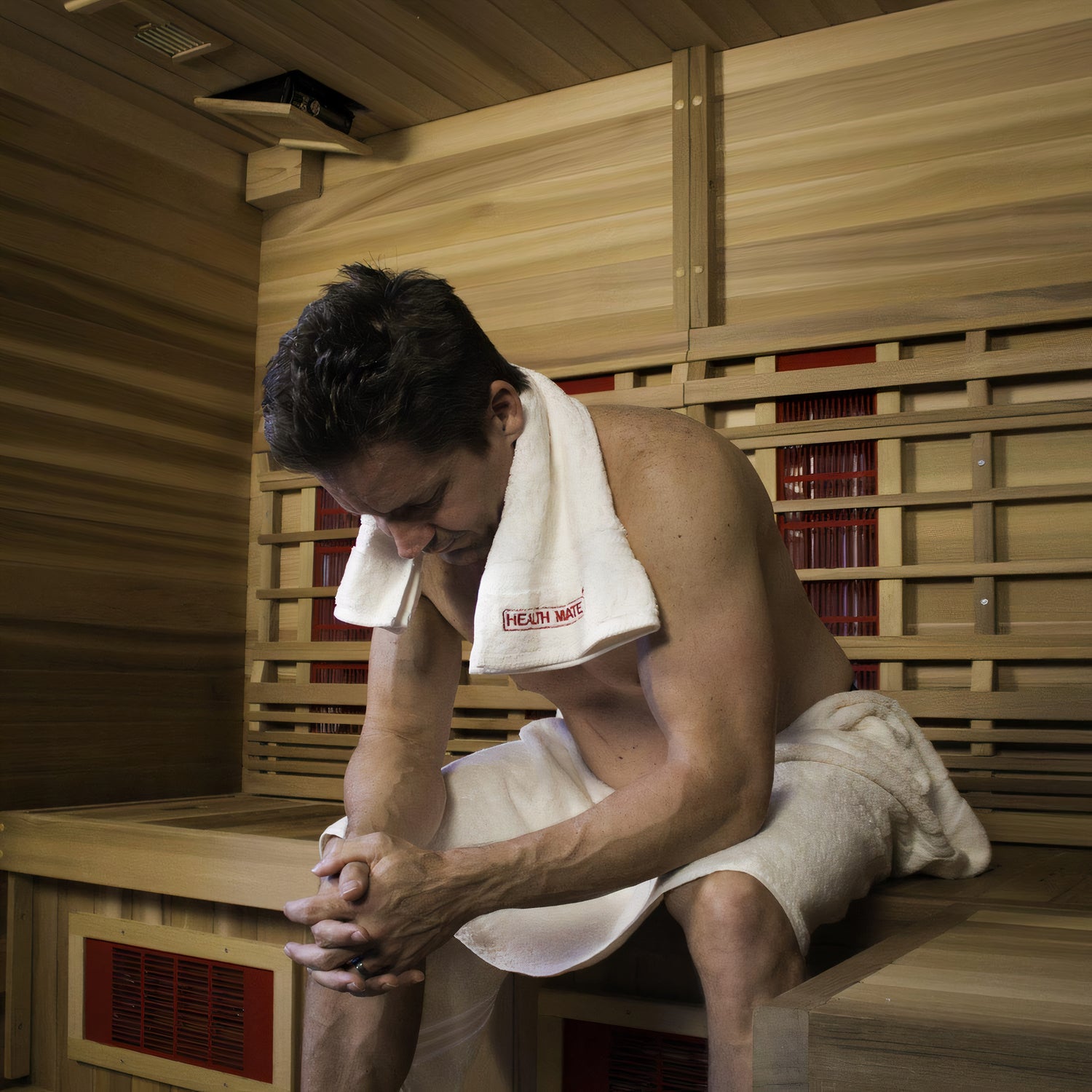 a man relaxing in a health mate sauna with a towel on his neck
