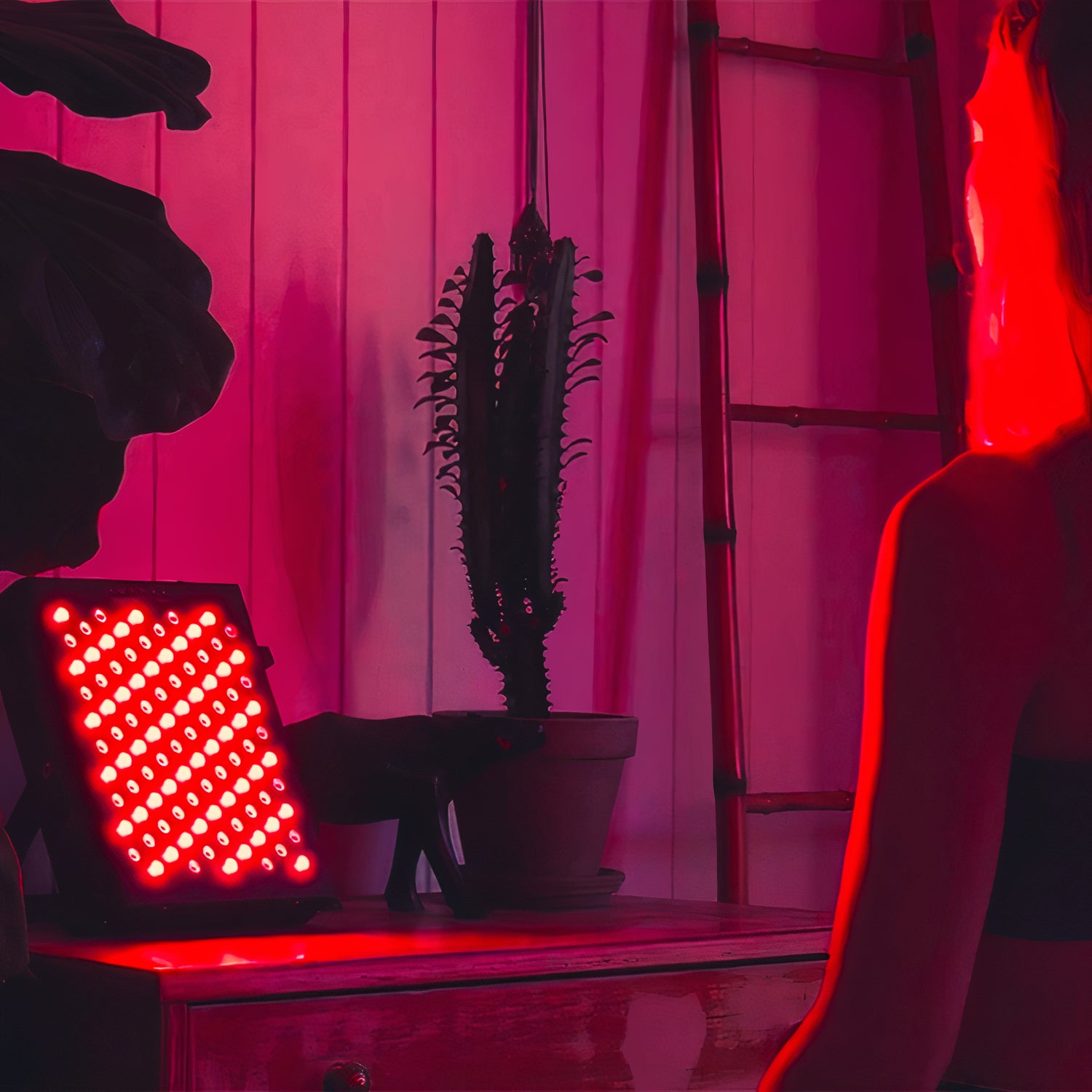 Girl sitting next to a BodyBud Portable Device in a bedroom with the lights off