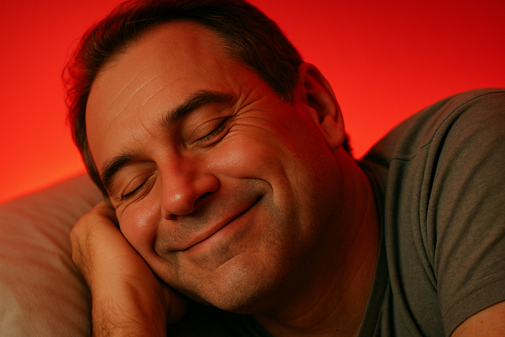 a close up of middle aged mans face sleeping looking happy and in good mood while asleep and comfortable. a red neon background gradient