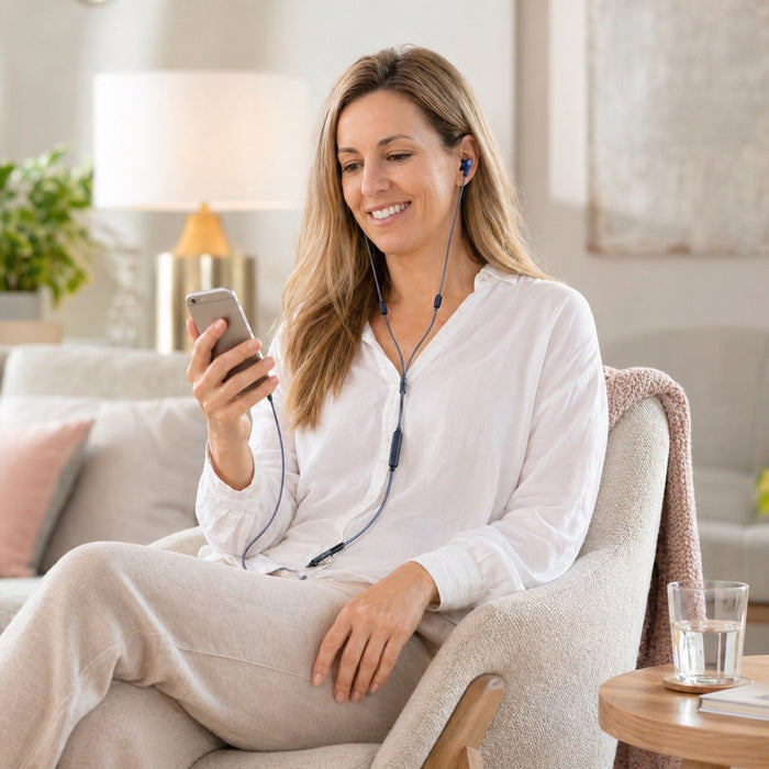 Taking a call at home with Air Tube earphones
