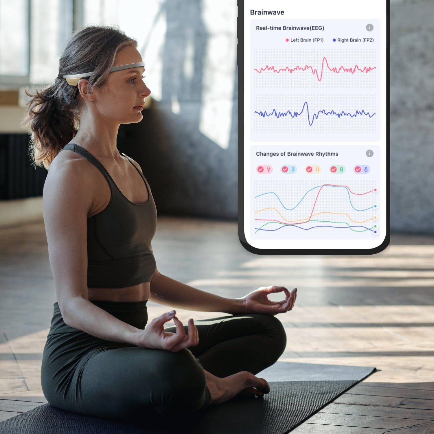 Girl meditating wearing flowtime headset with app brain wave information